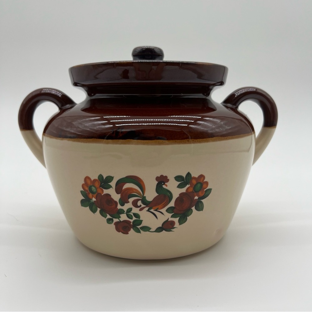 Vintage McCoy Pottery 342 Rooster Bean Pot Cookie‎ Jar with Lid Brown Cream